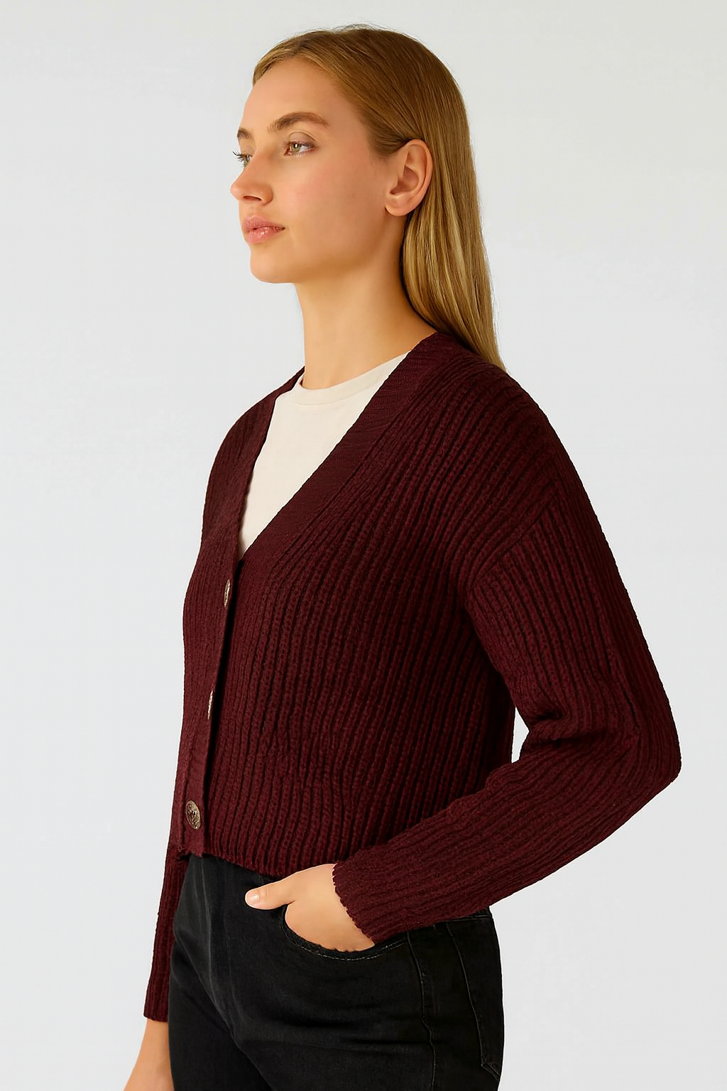 Maroon Knitted Acrylic Button-Down Cardigan