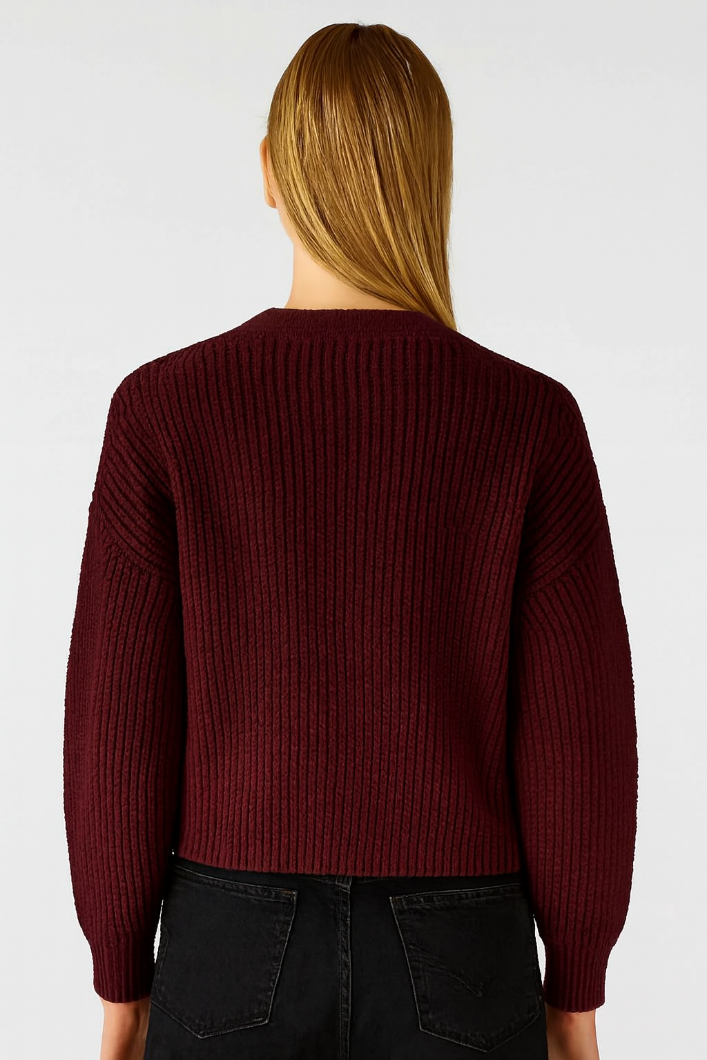 Maroon Knitted Acrylic Button-Down Cardigan