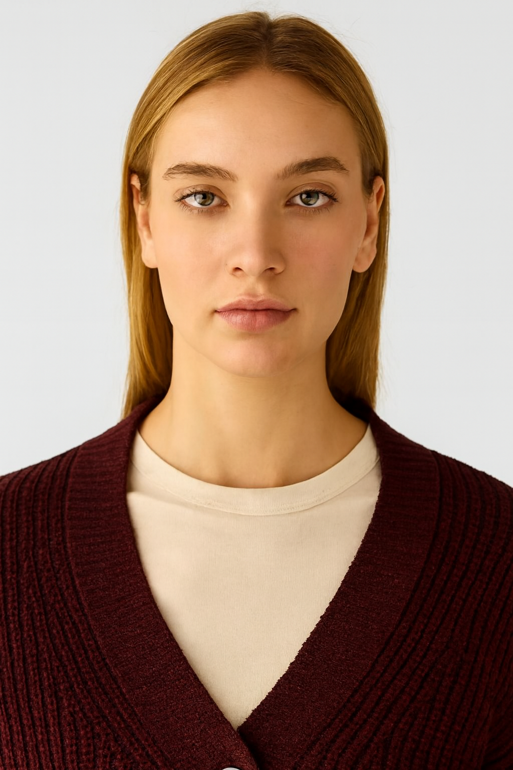 Maroon Knitted Acrylic Button-Down Cardigan