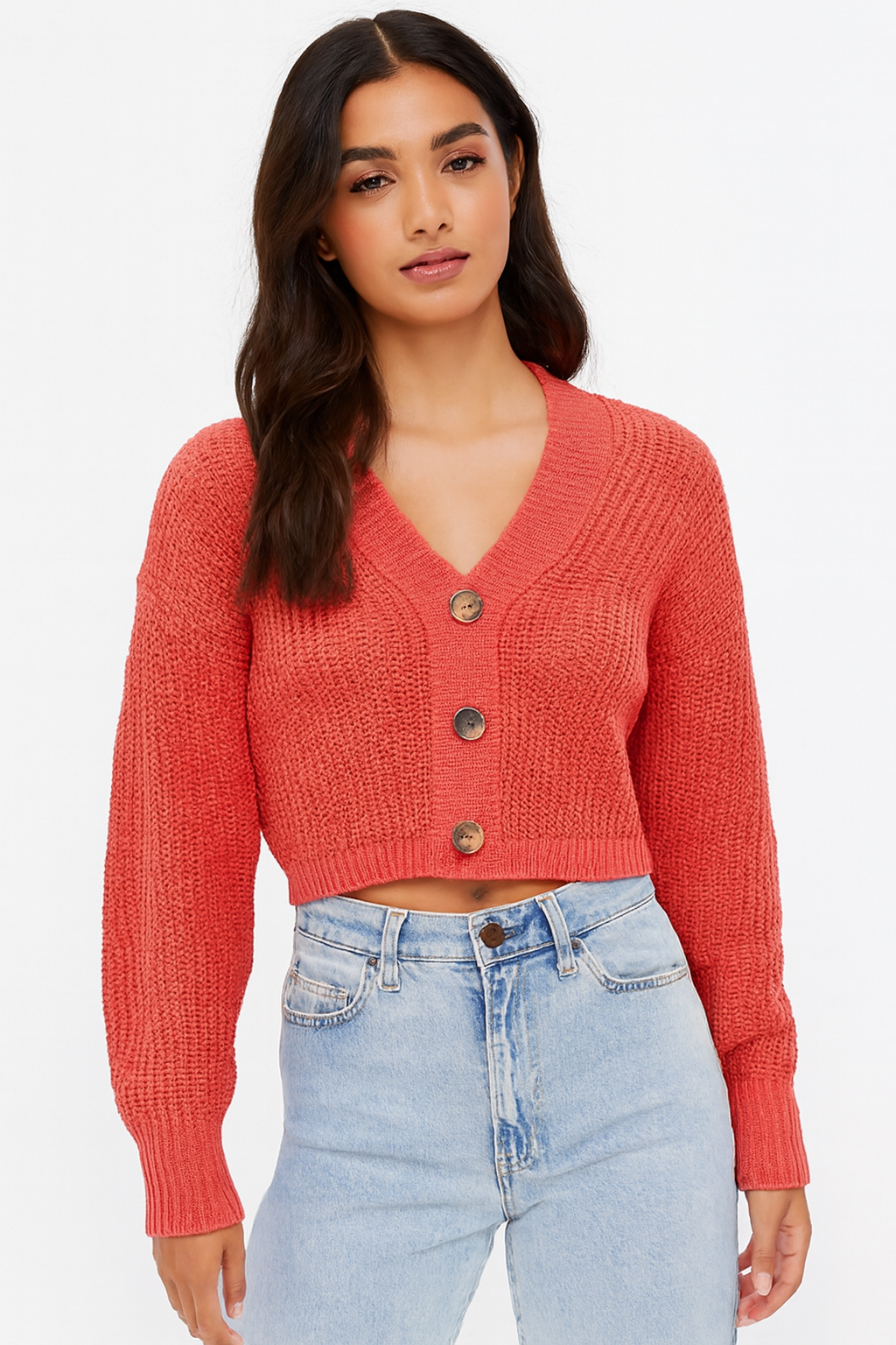 Orange Knitted Acrylic Button-Down Cardigan