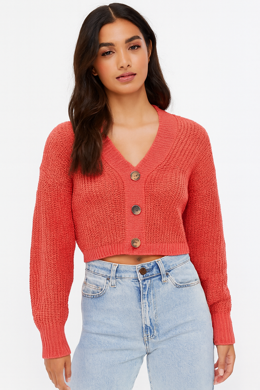 Orange Knitted Acrylic Button-Down Cardigan