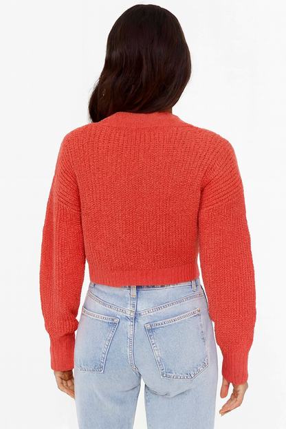 Orange Knitted Acrylic Button-Down Cardigan