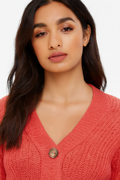 Orange Knitted Acrylic Button-Down Cardigan