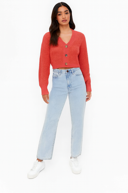Orange Knitted Acrylic Button-Down Cardigan