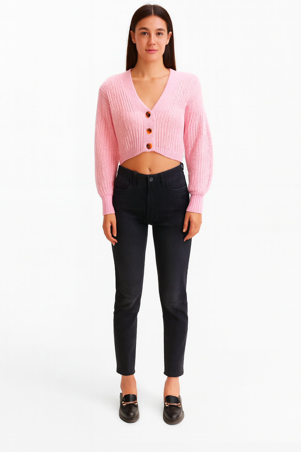 Pink Knitted Acrylic Button-Down Cardigan