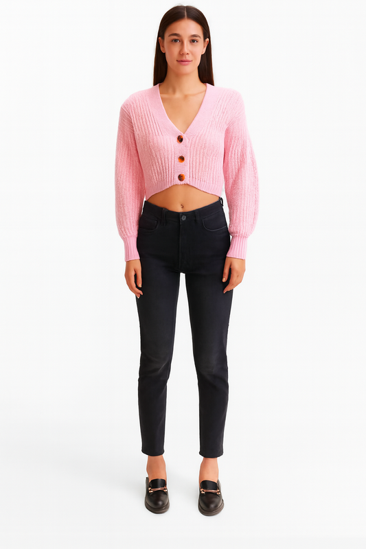 Pink Knitted Acrylic Button-Down Cardigan