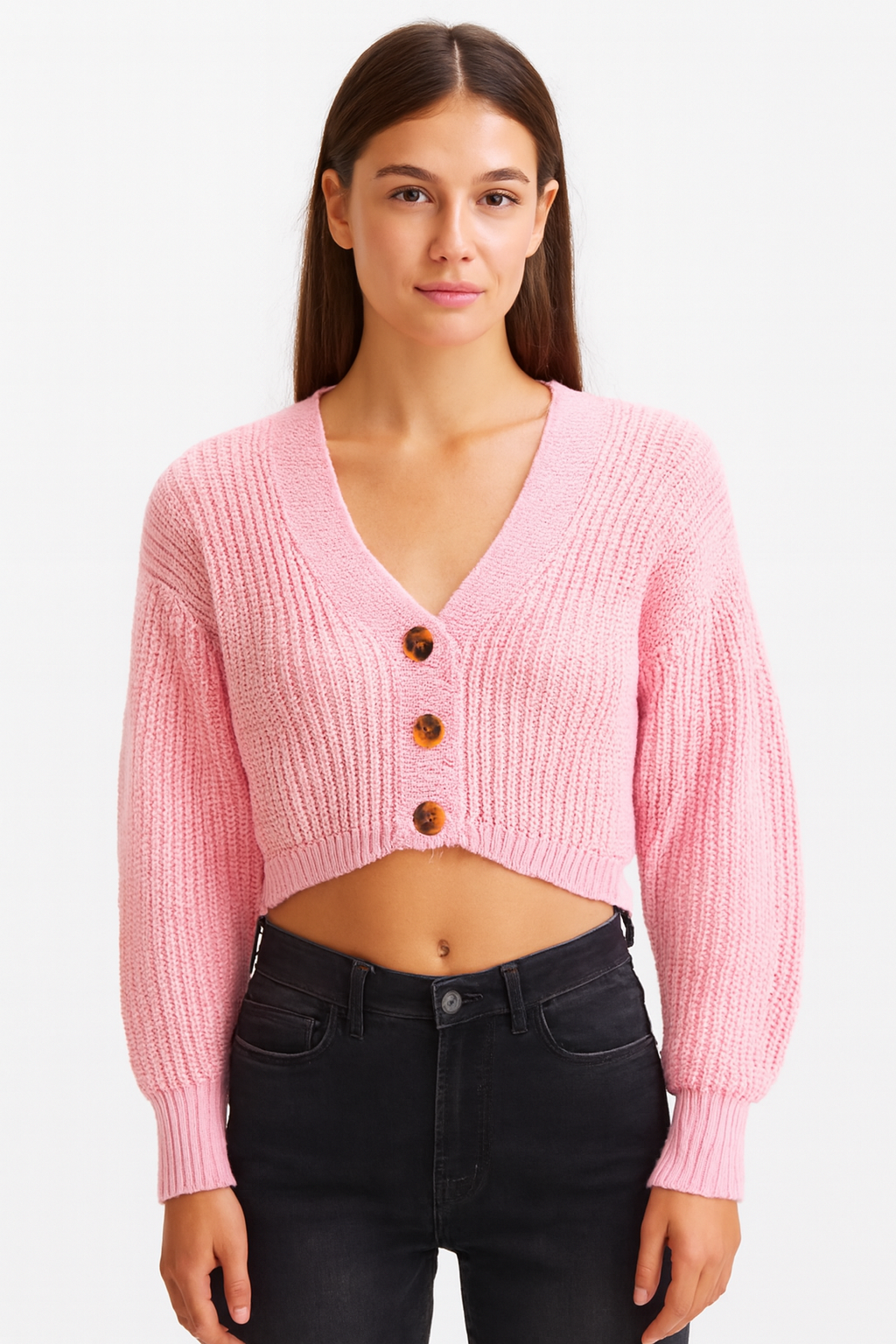 Pink Knitted Acrylic Button-Down Cardigan