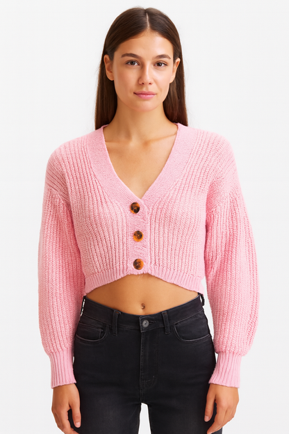 Pink Knitted Acrylic Button-Down Cardigan