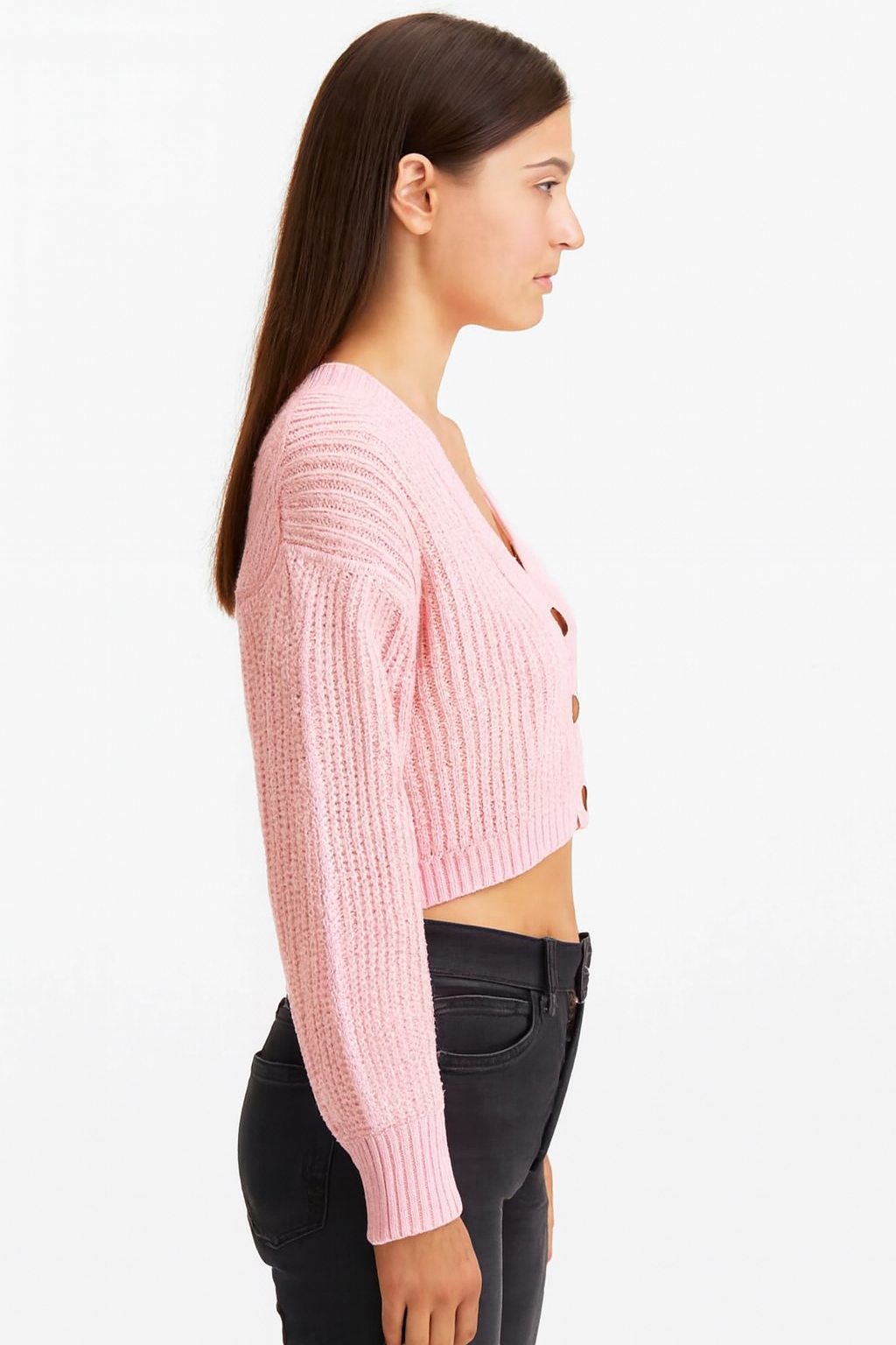 Pink Knitted Acrylic Button-Down Cardigan