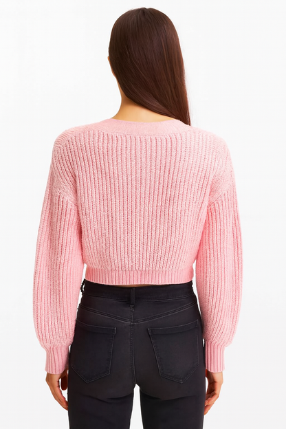 Pink Knitted Acrylic Button-Down Cardigan