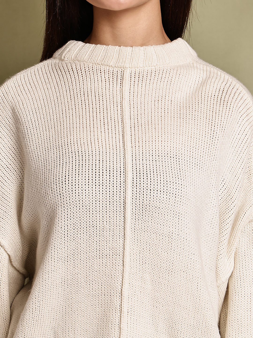 Acrylic Full Sleeve with Drop Shoulder Knit Cream Sweater
