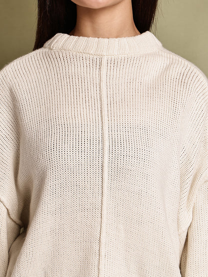 Acrylic Full Sleeve with Drop Shoulder Knit Cream Sweater