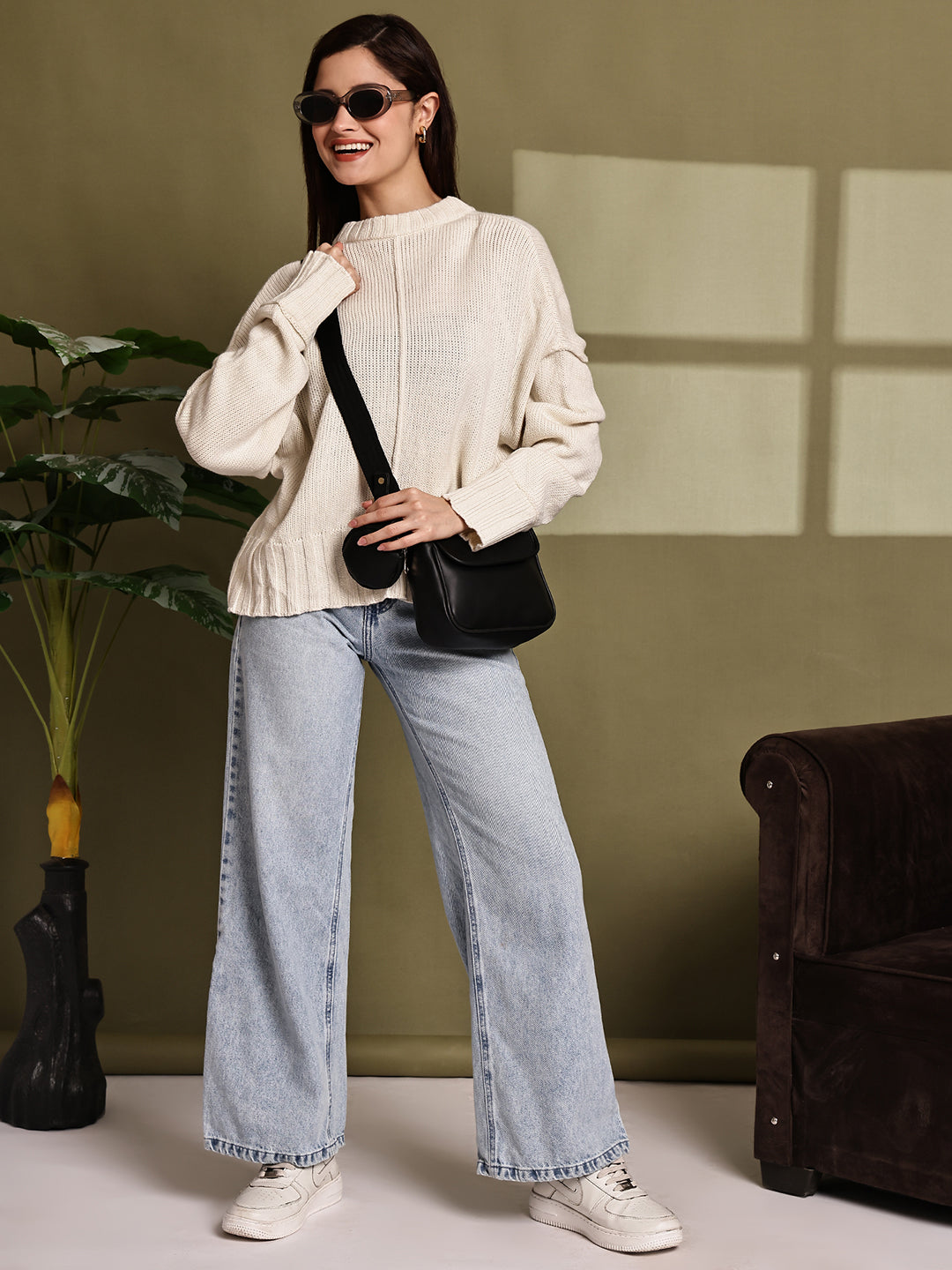 Acrylic Full Sleeve with Drop Shoulder Knit Cream Sweater