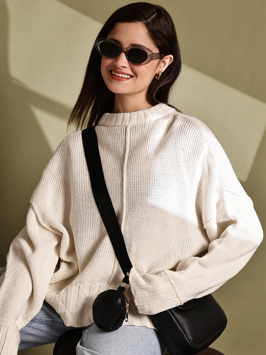 Acrylic Full Sleeve with Drop Shoulder Knit Cream Sweater