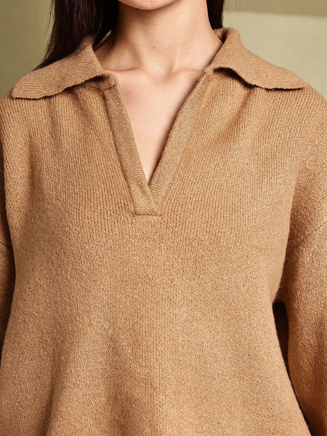 Acrylic Full Sleeve with Brown Loose-Fit Collared Sweater