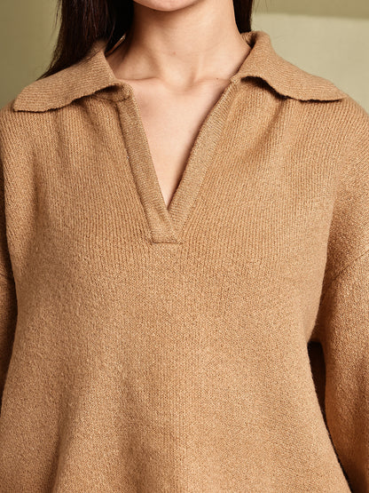 Acrylic Full Sleeve with Brown Loose-Fit Collared Sweater