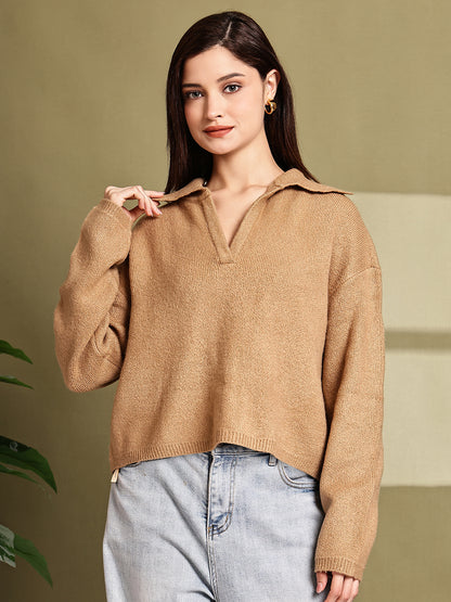 Acrylic Full Sleeve with Brown Loose-Fit Collared Sweater