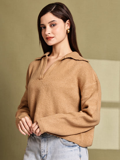Acrylic Full Sleeve with Brown Loose-Fit Collared Sweater