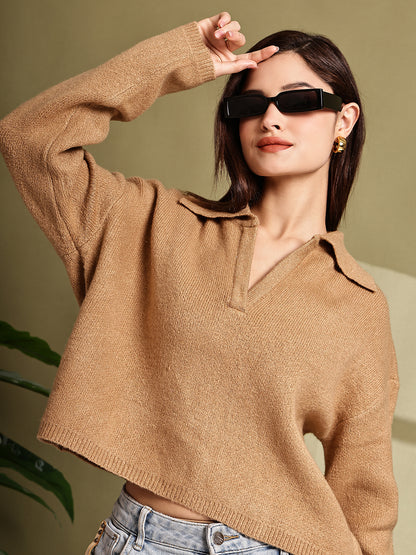 Acrylic Full Sleeve with Brown Loose-Fit Collared Sweater