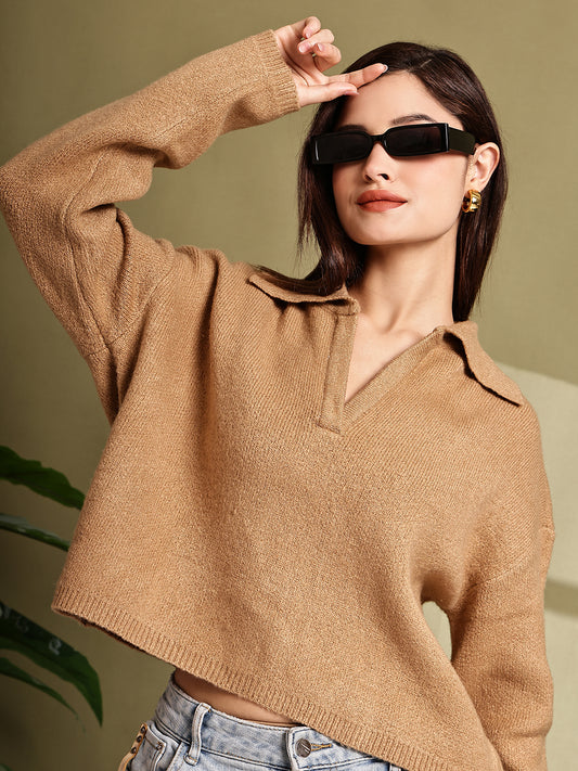 Acrylic Full Sleeve with Brown Loose-Fit Collared Sweater