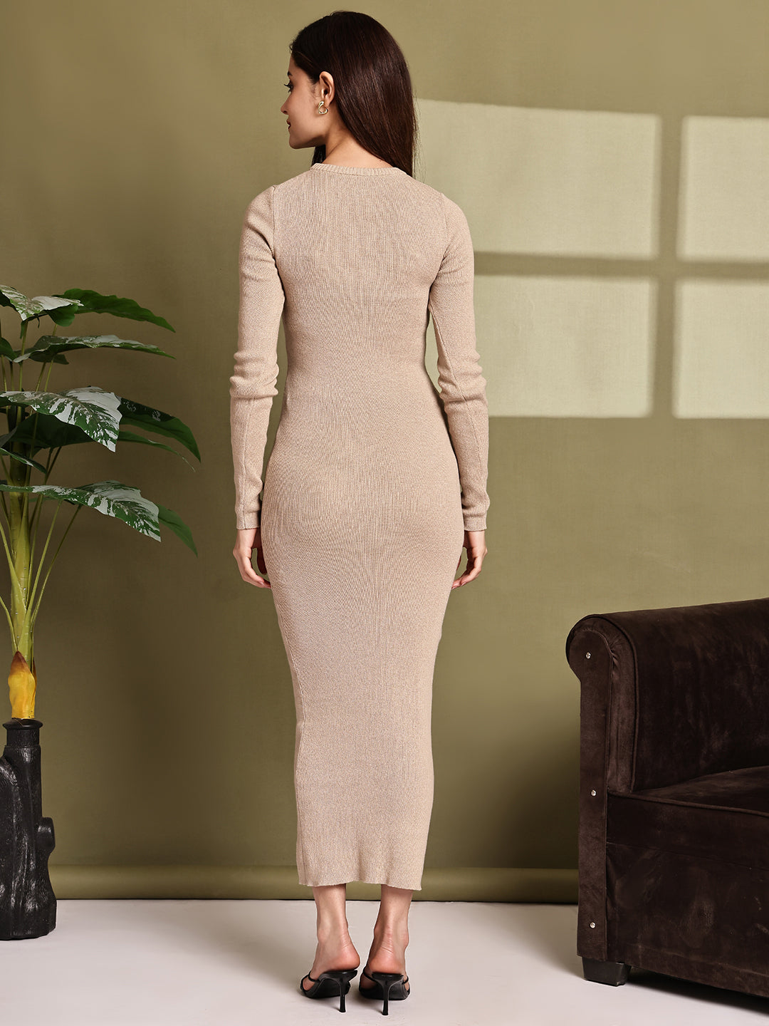 Acrylic Light Brown Bodycon Knit Maxi Dress