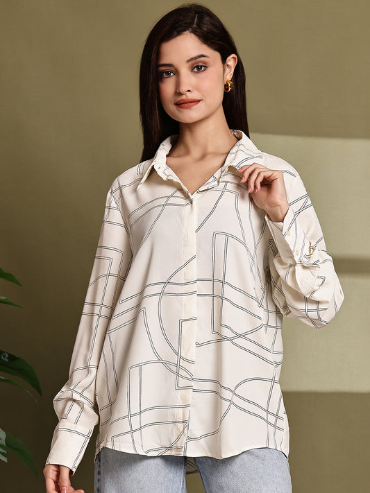 Polyester Cream Printed Loose Fit Polyester Shirt
