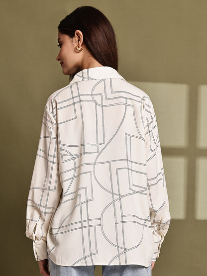 Polyester Cream Printed Loose Fit Polyester Shirt