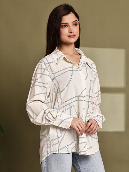 Polyester Cream Printed Loose Fit Polyester Shirt