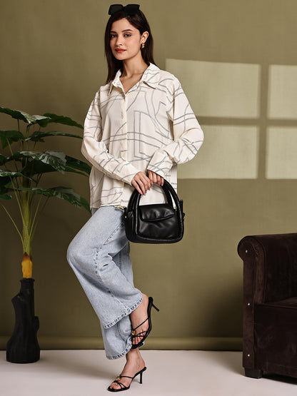 Polyester Cream Printed Loose Fit Polyester Shirt