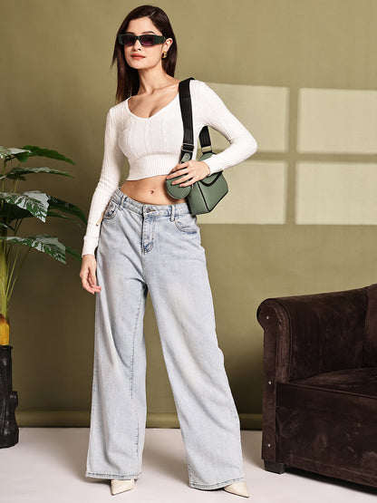 Viscose White Stretchable V-Neck Knit Sweater