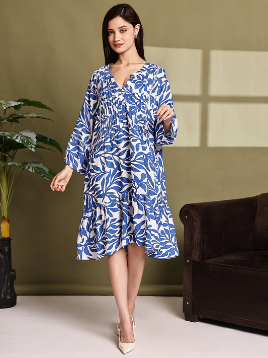 Blue Printed Cotton Loose Fit Dress with Pockets
