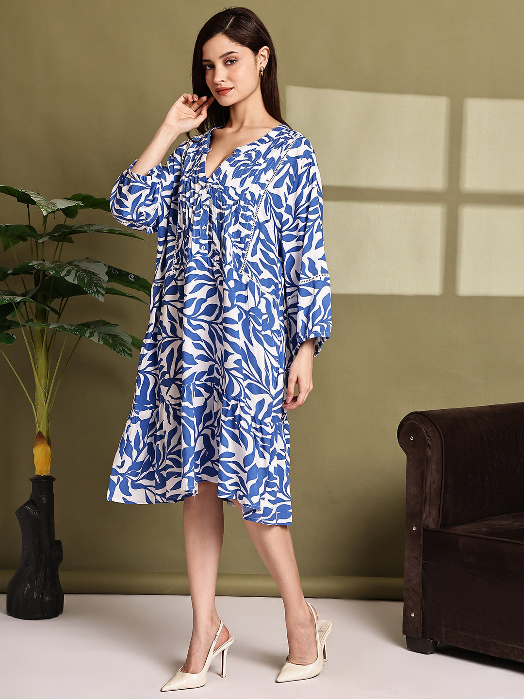 Blue Printed Cotton Loose Fit Dress with Pockets