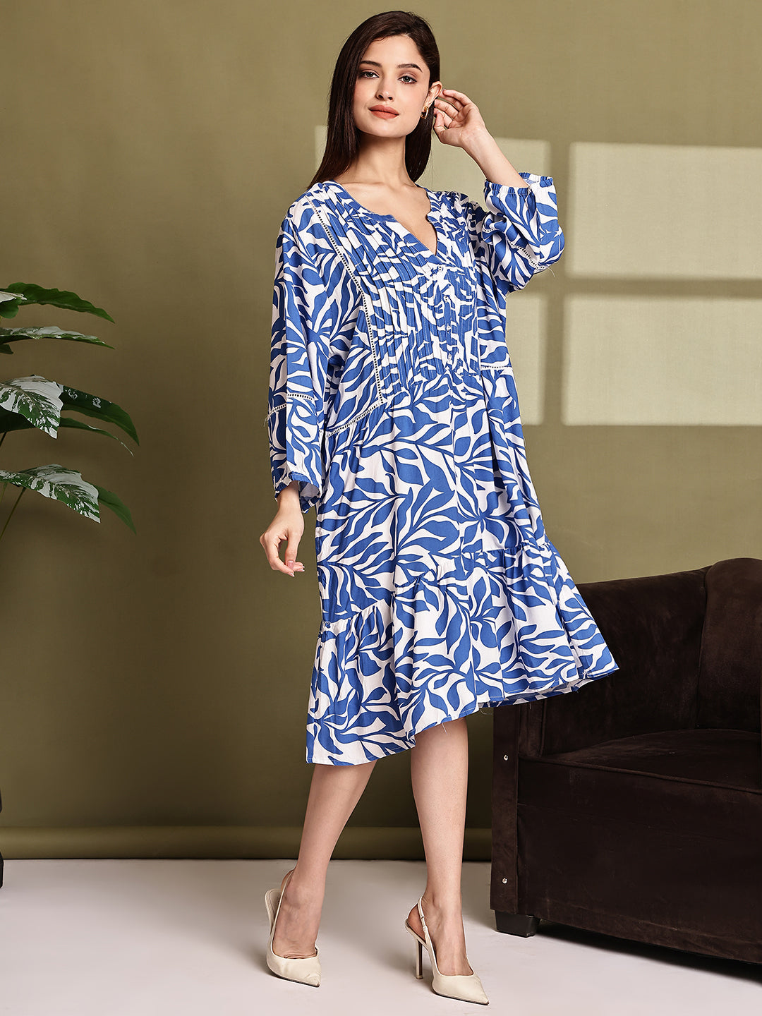 Blue Printed Cotton Loose Fit Dress with Pockets