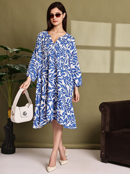 Blue Printed Cotton Loose Fit Dress with Pockets