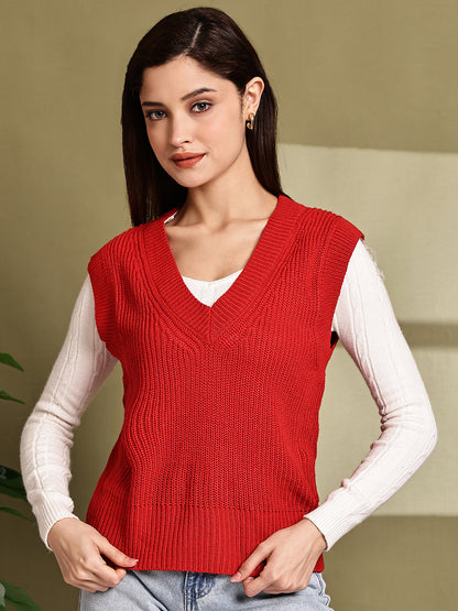 Acrylic Red V-Neck Sleeveless Sweater Vest