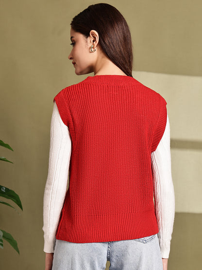 Acrylic Red V-Neck Sleeveless Sweater Vest