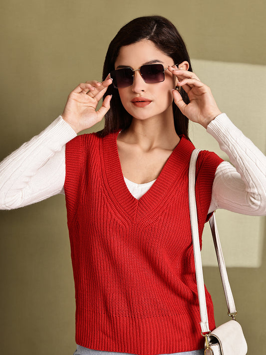 Acrylic Red V-Neck Sleeveless Sweater Vest