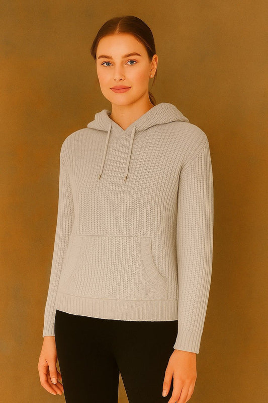 Acrylic Full Sleeve Grey Knitted Hoodie Sweater