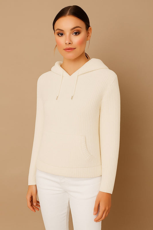 Acrylic Full Sleeve White Knitted Hoodie Sweater