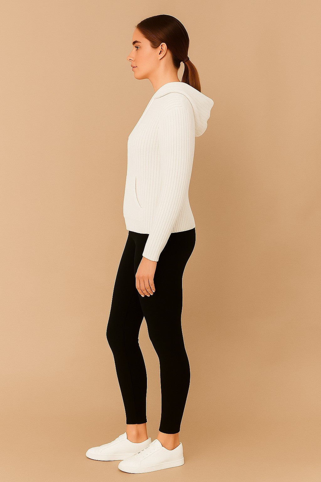 Acrylic Full Sleeve White Knitted Hoodie Sweater