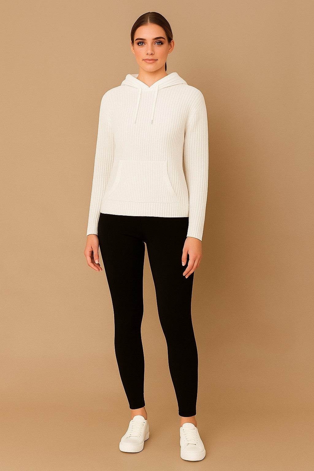 Acrylic Full Sleeve White Knitted Hoodie Sweater
