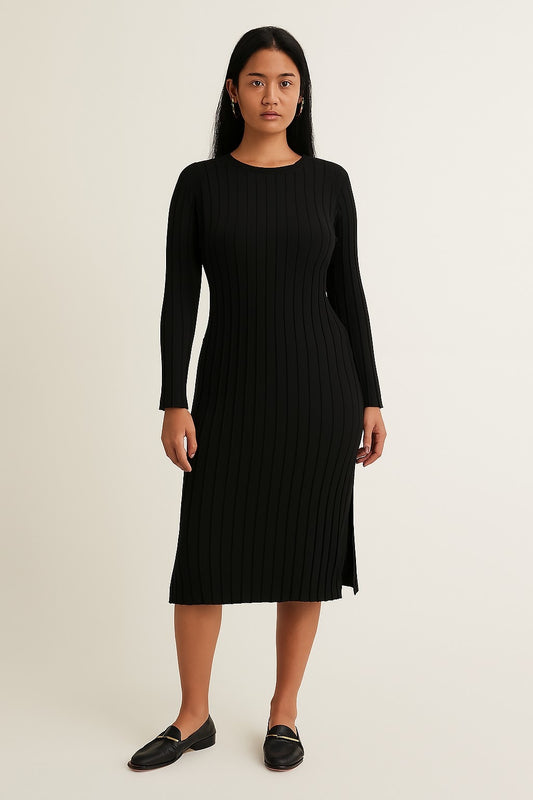 Acrylic Black Ribbed Knit Bodycon Midi Dress