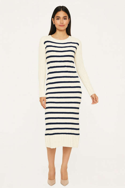 Acrylic Cream & Navy Striped Knit Midi Dress