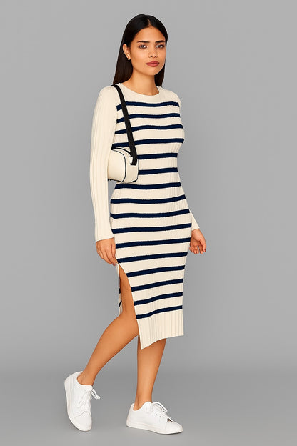 Acrylic Cream & Navy Striped Knit Midi Dress