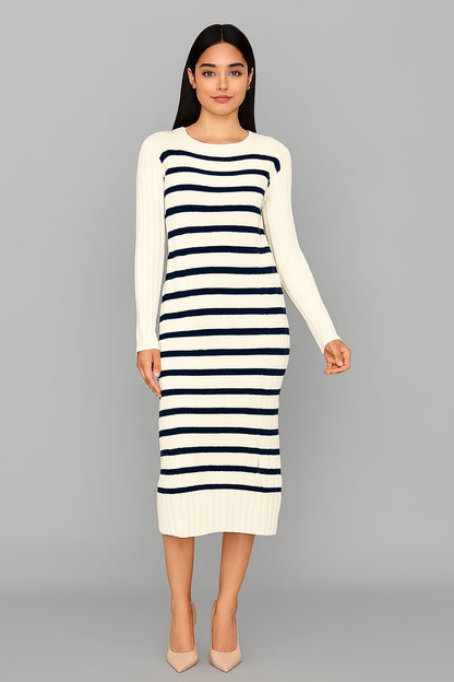 Acrylic Cream & Navy Striped Knit Midi Dress