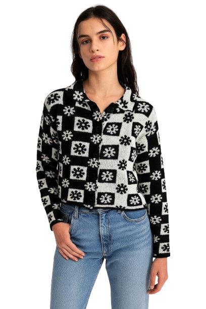 Acrylic Full Sleeve with Black & White Checked Floral Knit Cardigan