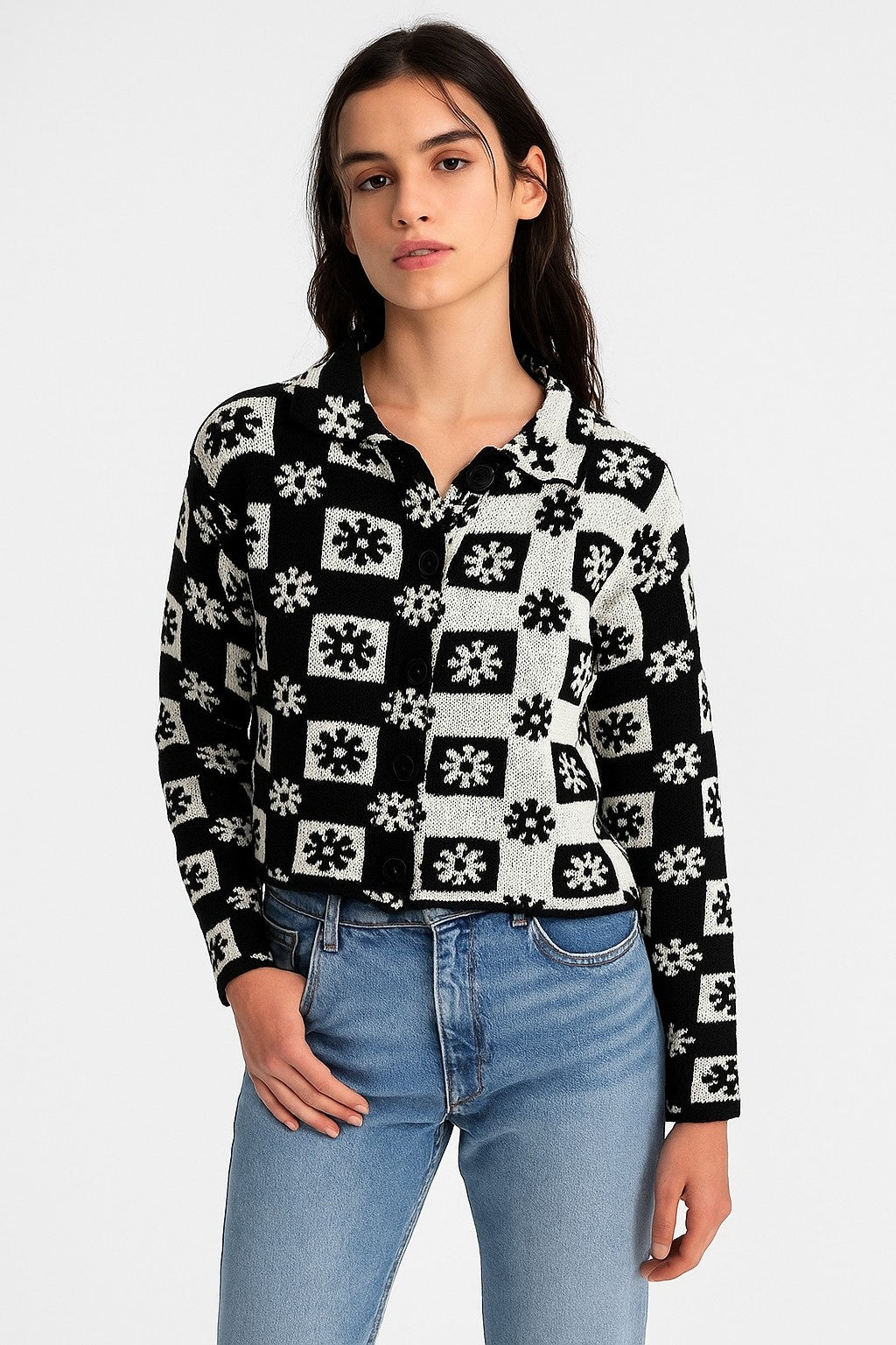 Acrylic Full Sleeve with Black & White Checked Floral Knit Cardigan