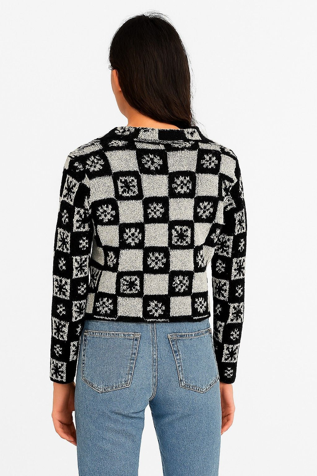 Acrylic Full Sleeve with Black & White Checked Floral Knit Cardigan