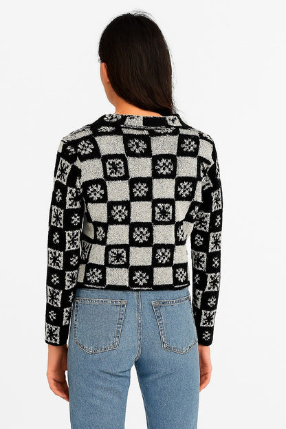 Acrylic Full Sleeve with Black & White Checked Floral Knit Cardigan