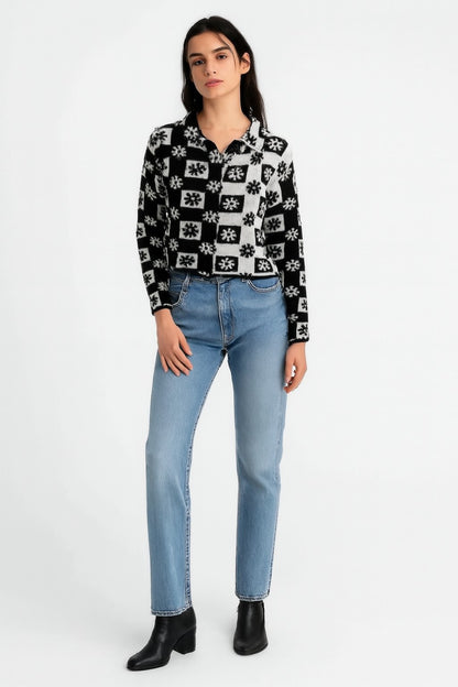 Acrylic Full Sleeve with Black & White Checked Floral Knit Cardigan